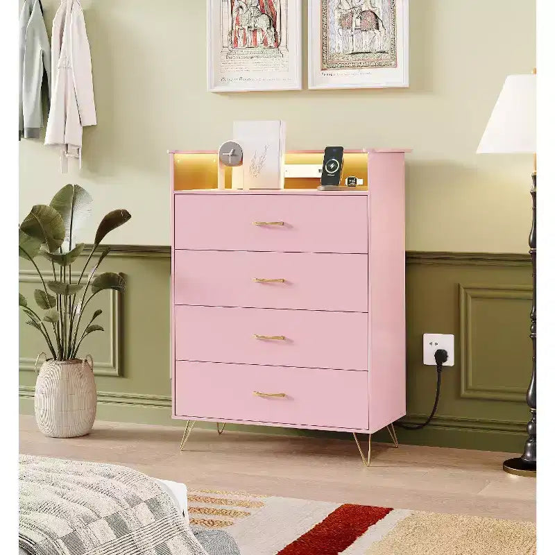 4-Drawer Wood Dresser with LED Lights & Charging Station