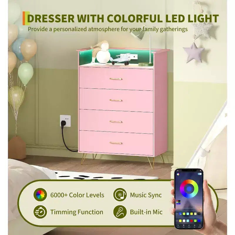 4-Drawer Wood Dresser with LED Lights & Charging Station
