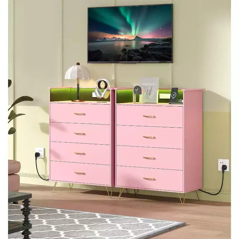 4-Drawer Wood Dresser with LED Lights & Charging Station