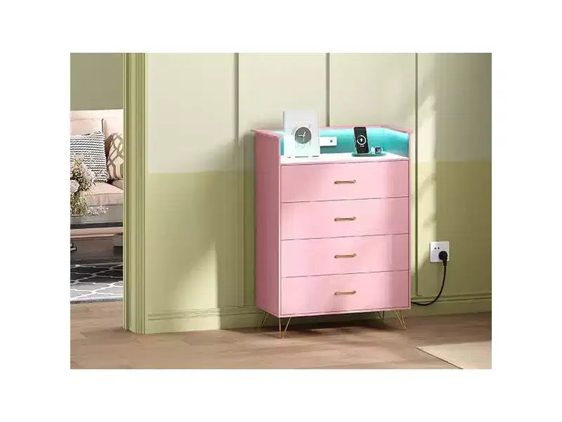 4-Drawer Wood Dresser with LED Lights & Charging Station