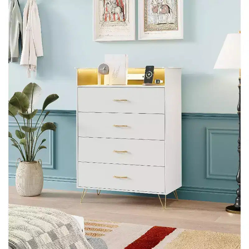 4-Drawer Wood Dresser with LED Lights & Charging Station