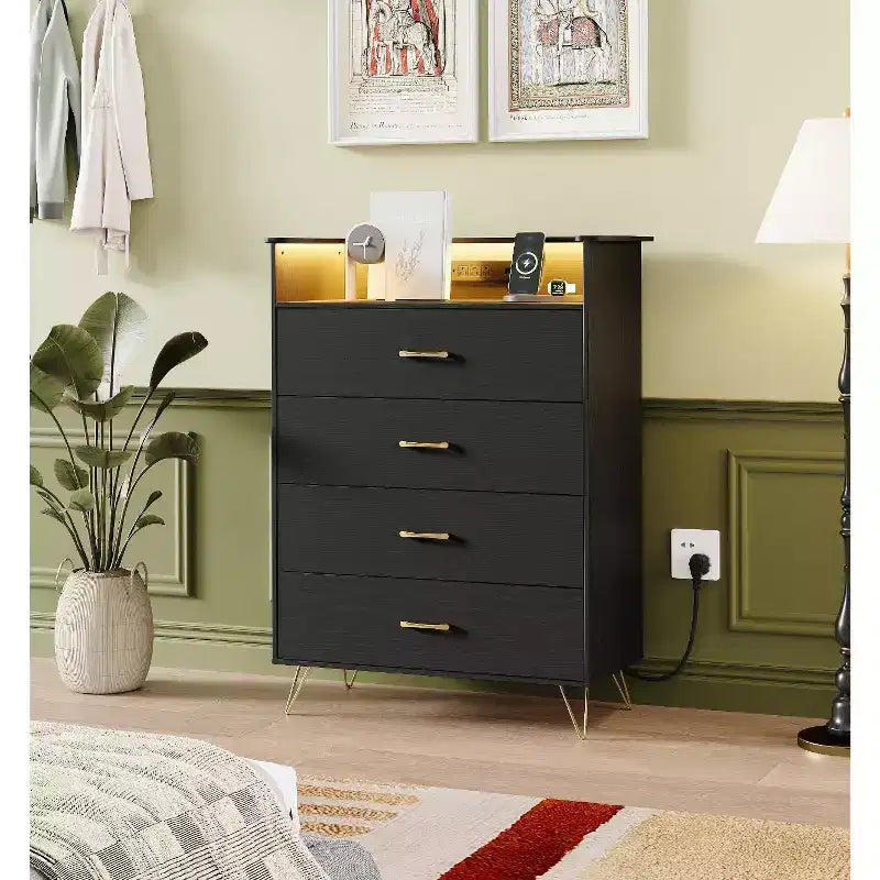 4-Drawer Wood Dresser with LED Lights & Charging Station