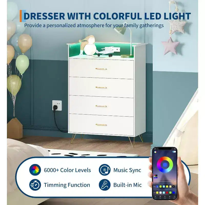 4-Drawer Wood Dresser with LED Lights & Charging Station
