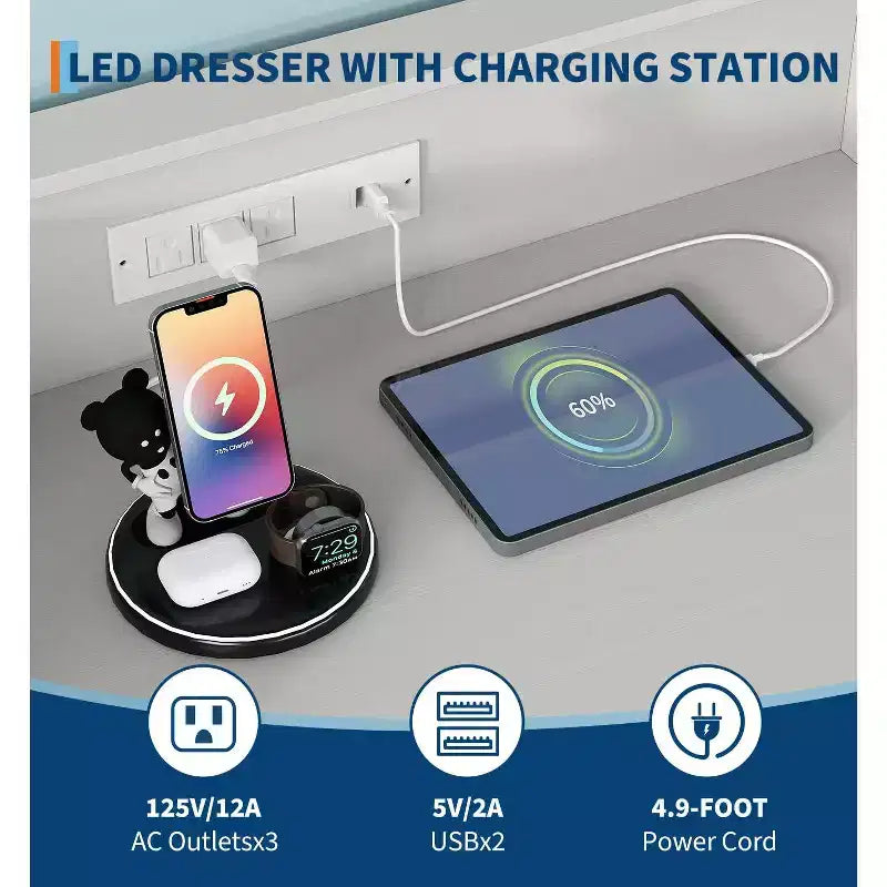 4-Drawer Wood Dresser with LED Lights & Charging Station