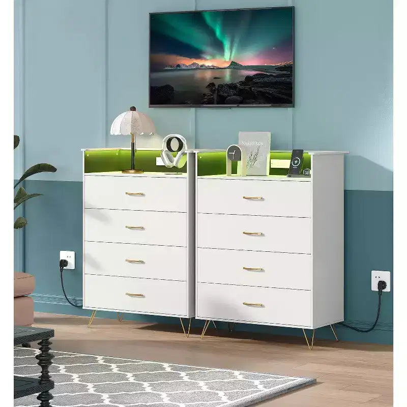 4-Drawer Wood Dresser with LED Lights & Charging Station