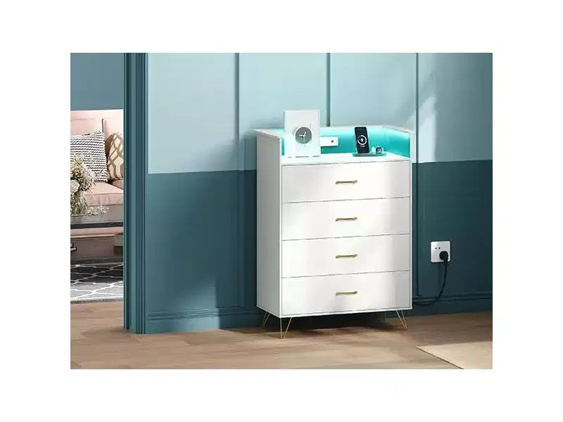 4-Drawer Wood Dresser with LED Lights & Charging Station