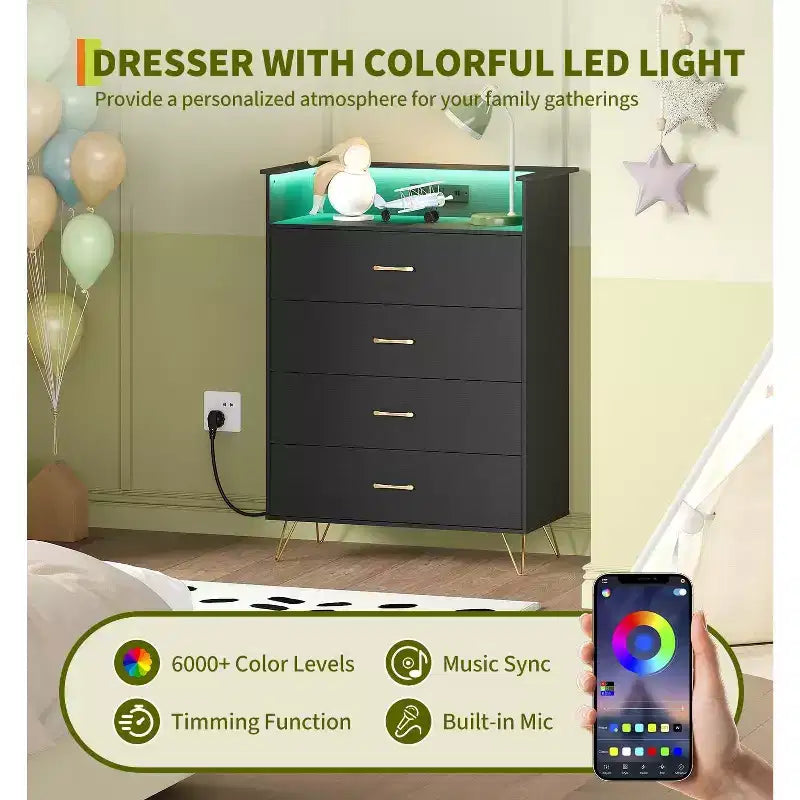 4-Drawer Wood Dresser with LED Lights & Charging Station