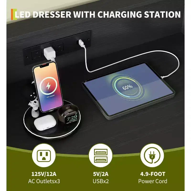 4-Drawer Wood Dresser with LED Lights & Charging Station