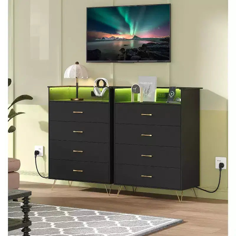 4-Drawer Wood Dresser with LED Lights & Charging Station