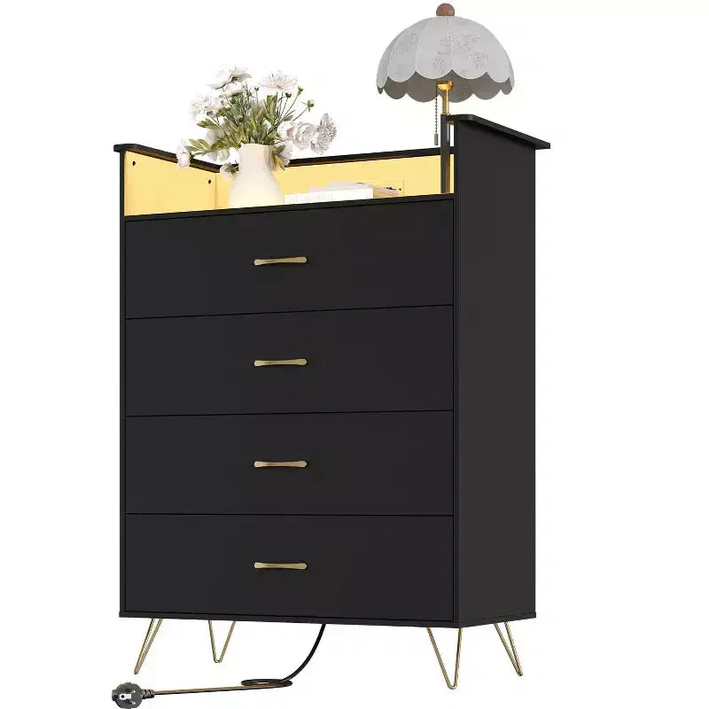 Smart 4-Drawer Wood Dresser with LED Lights & Charging Station | App-Controlled Storage Cabinet with USB/AC Outlets for Bedroom, Living Room