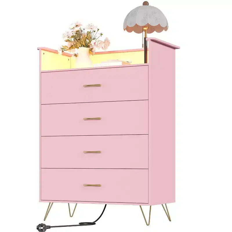 4-Drawer Wood Dresser with LED Lights & Charging Station
