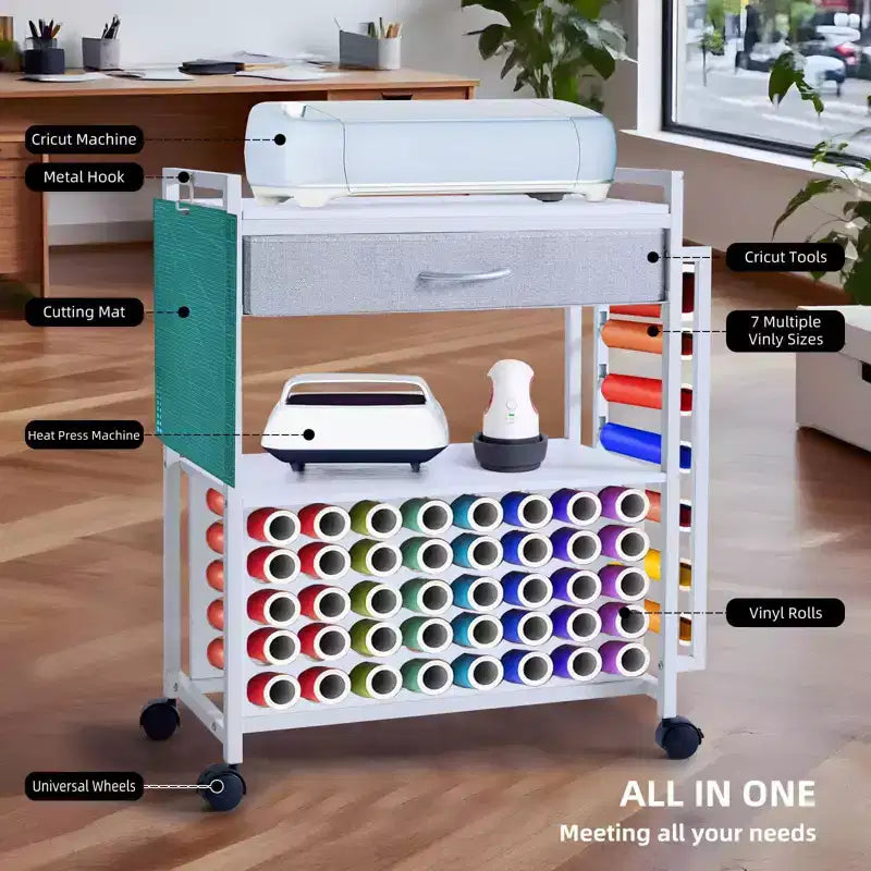 47" Rolling Craft Cart Storage Stand with Drawer, Vinyl Roll Holder & Hooks