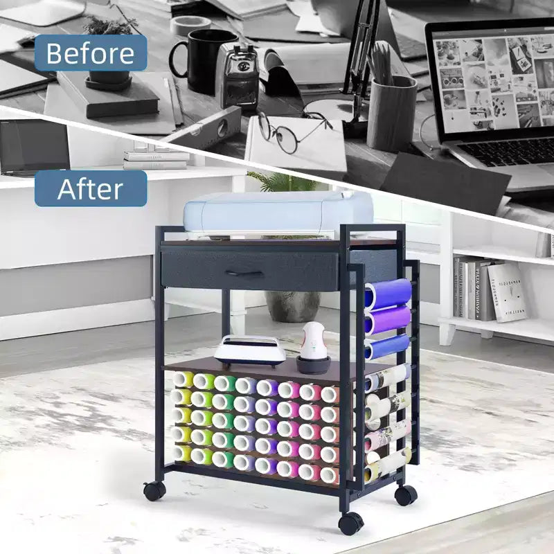 47" Rolling Craft Cart Storage Stand with Drawer, Vinyl Roll Holder & Hooks