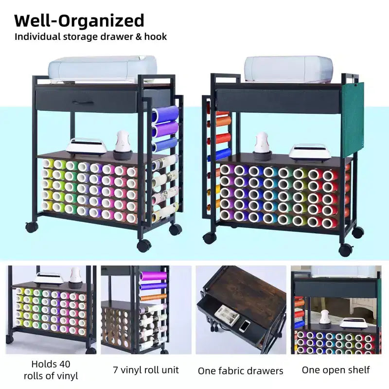 47" Rolling Craft Cart Storage Stand with Drawer, Vinyl Roll Holder & Hooks