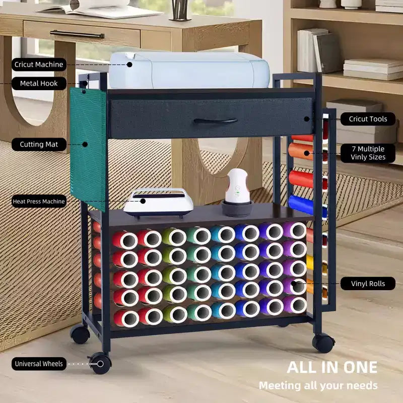 47" Rolling Craft Cart Storage Stand with Drawer, Vinyl Roll Holder & Hooks
