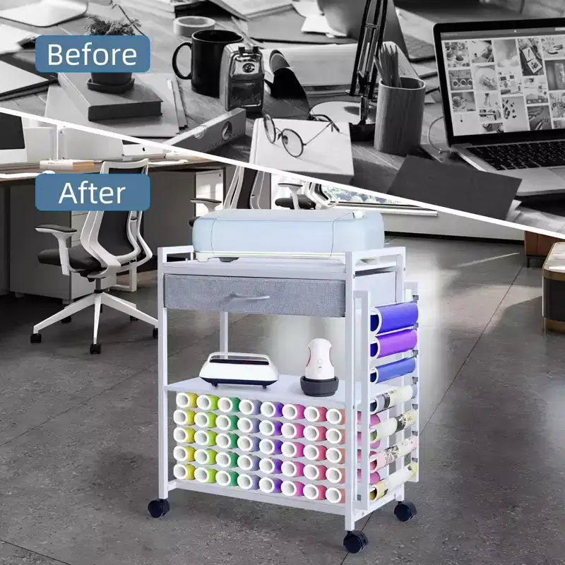 47" Rolling Craft Cart Storage Stand with Drawer, Vinyl Roll Holder & Hooks