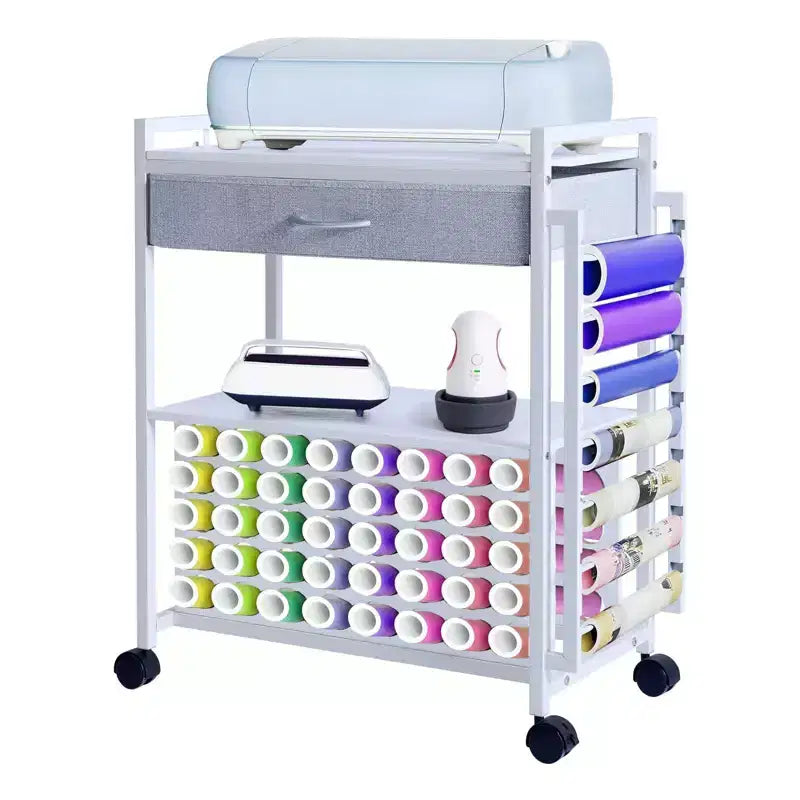 47 Rolling Craft Cart  Storage Stand with Drawer, Vinyl Roll Holder & Hooks for Cricut Machines & Home Crafting