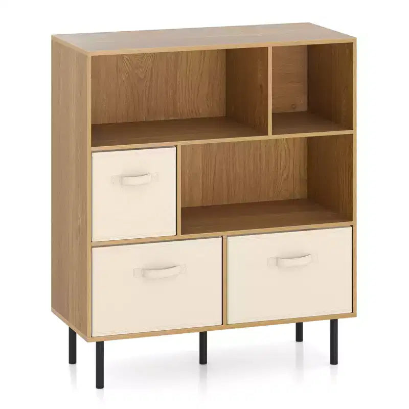 6-Cube Bookshelf with 3 Removable Folding Fabric Drawers & Metal Legs