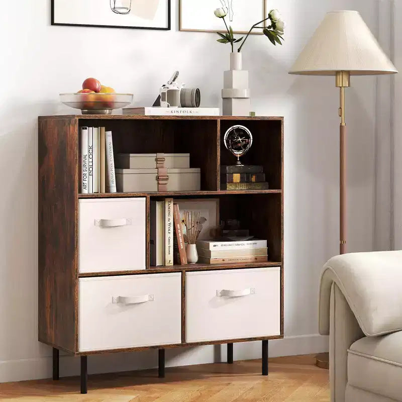 6-Cube Bookshelf with 3 Removable Folding Fabric Drawers & Metal Legs
