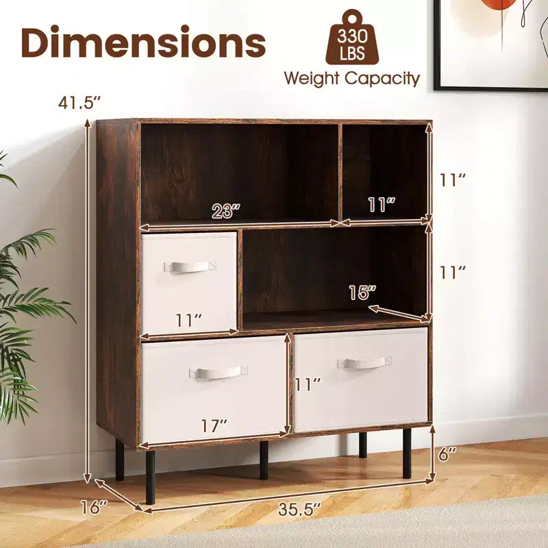 6-Cube Bookshelf with 3 Removable Folding Fabric Drawers & Metal Legs