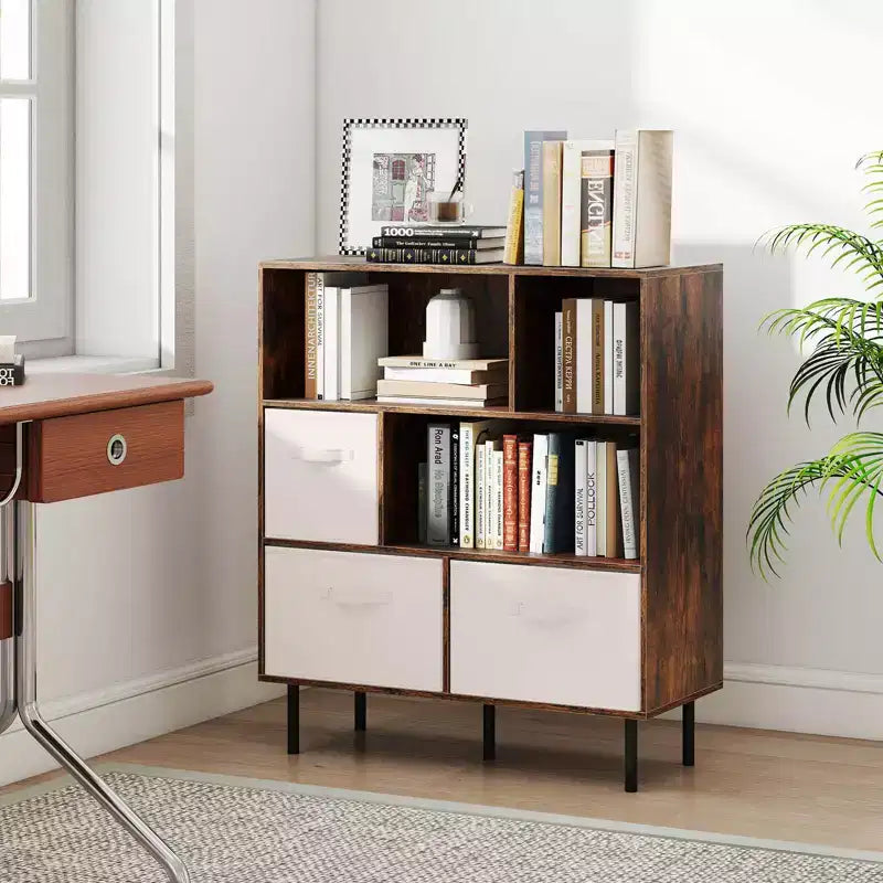 6-Cube Bookshelf with 3 Removable Folding Fabric Drawers & Metal Legs