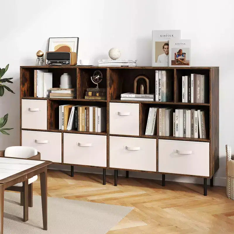 6-Cube Bookshelf with 3 Removable Folding Fabric Drawers & Metal Legs