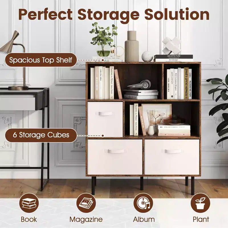 6-Cube Bookshelf with 3 Removable Folding Fabric Drawers & Metal Legs