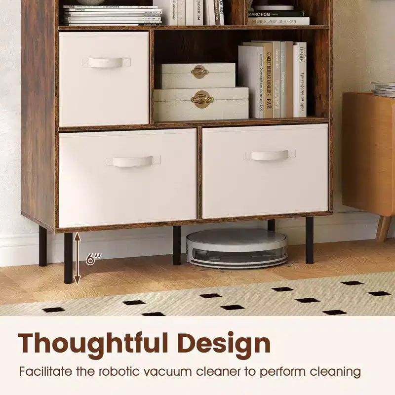 6-Cube Bookshelf with 3 Removable Folding Fabric Drawers & Metal Legs