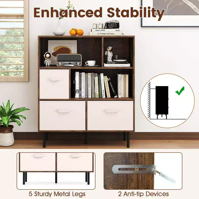 6-Cube Bookshelf with 3 Removable Folding Fabric Drawers & Metal Legs
