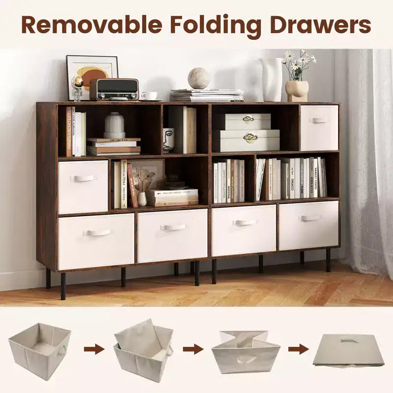 6-Cube Bookshelf with 3 Removable Folding Fabric Drawers & Metal Legs