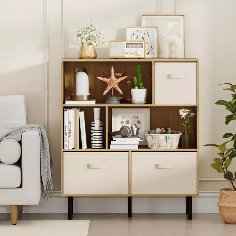 6-Cube Bookshelf with 3 Removable Folding Fabric Drawers & Metal Legs