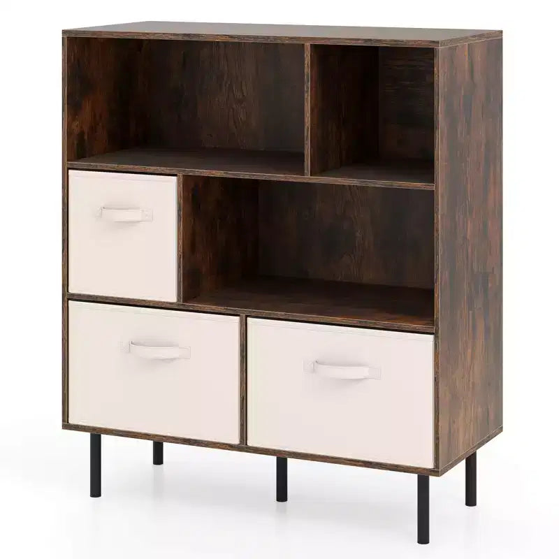6-Cube Bookshelf with 3 Removable Folding Fabric Drawers & Metal Legs
