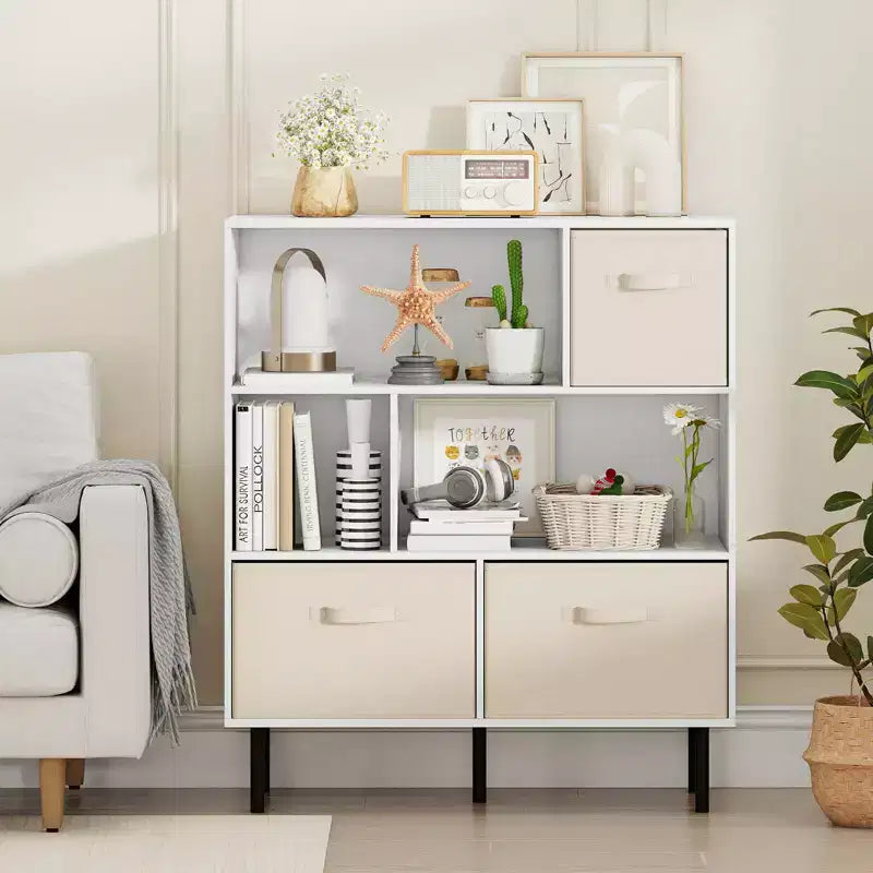 6-Cube Bookshelf with 3 Removable Folding Fabric Drawers & Metal Legs