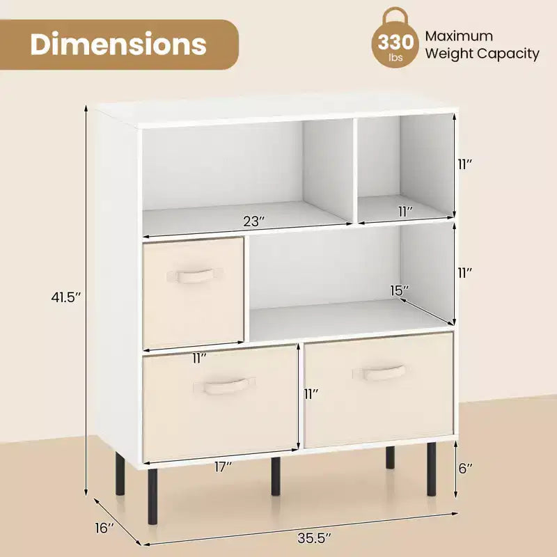6-Cube Bookshelf with 3 Removable Folding Fabric Drawers & Metal Legs