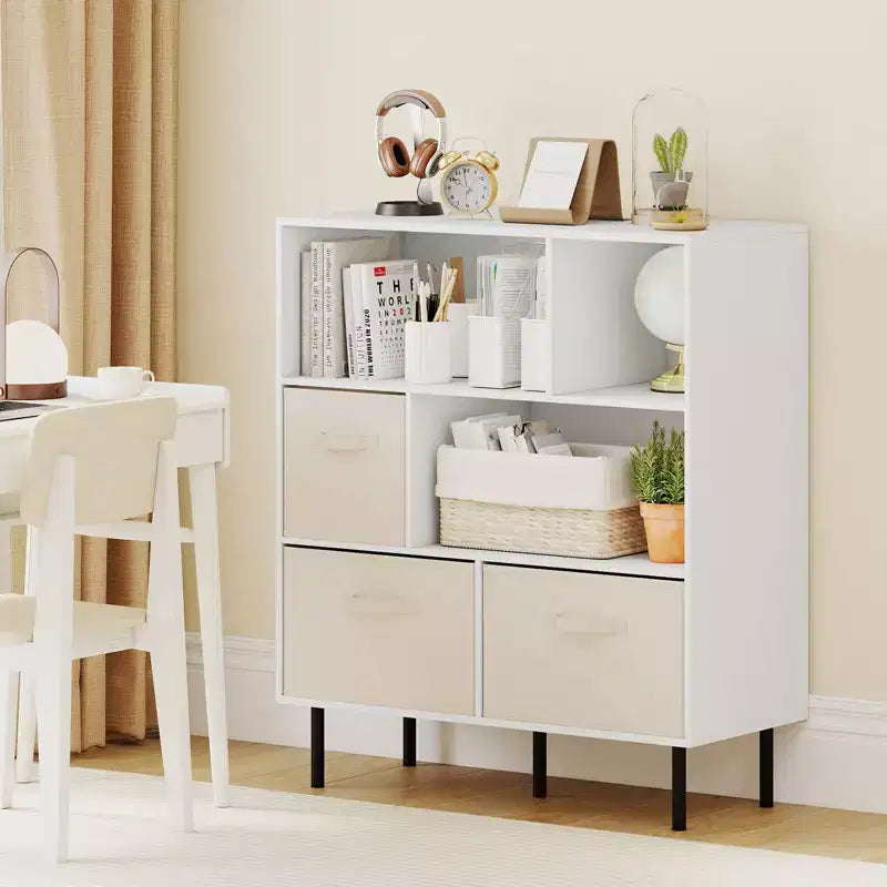 6-Cube Bookshelf with 3 Removable Folding Fabric Drawers & Metal Legs