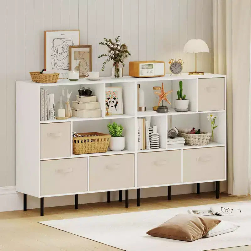 6-Cube Bookshelf with 3 Removable Folding Fabric Drawers & Metal Legs