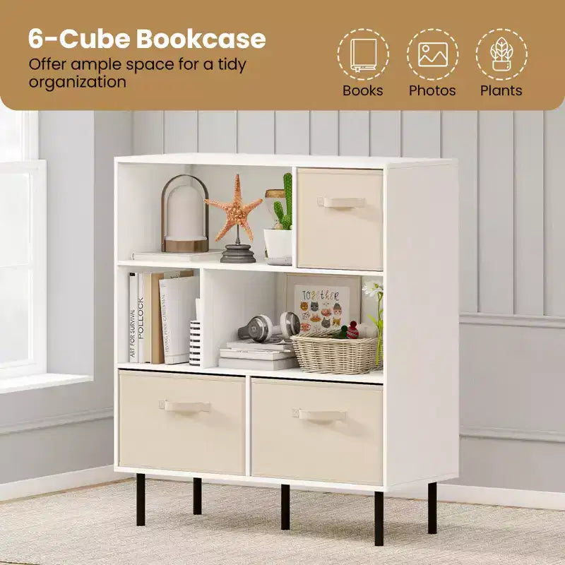 6-Cube Bookshelf with 3 Removable Folding Fabric Drawers & Metal Legs