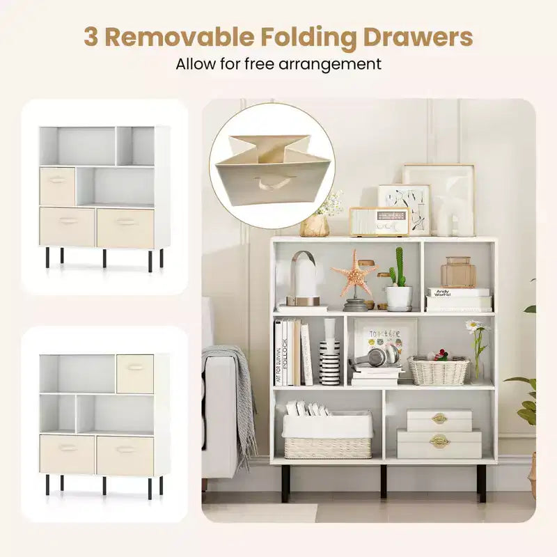6-Cube Bookshelf with 3 Removable Folding Fabric Drawers & Metal Legs