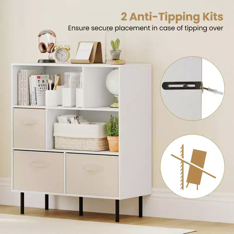 6-Cube Bookshelf with 3 Removable Folding Fabric Drawers & Metal Legs