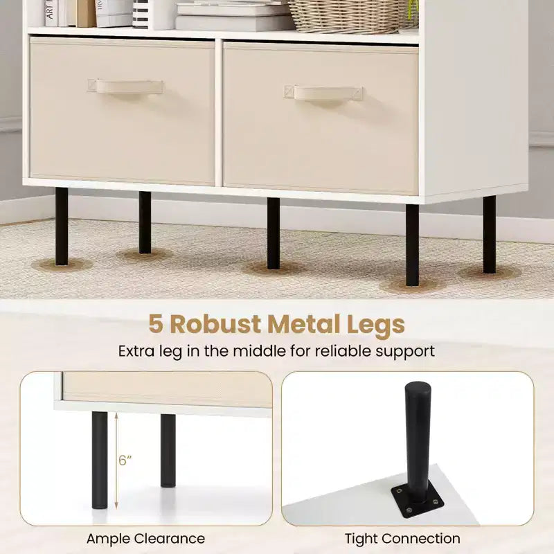 6-Cube Bookshelf with 3 Removable Folding Fabric Drawers & Metal Legs
