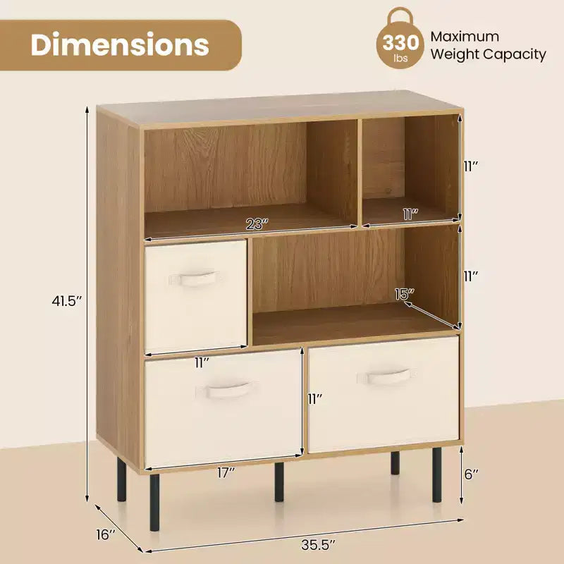 6-Cube Bookshelf with 3 Removable Folding Fabric Drawers & Metal Legs