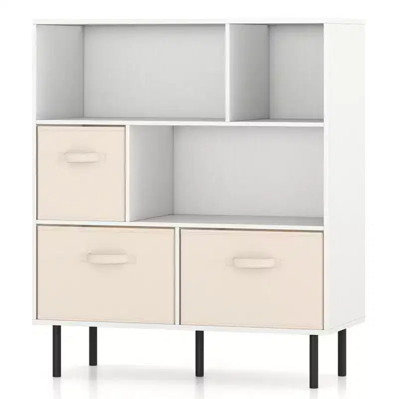 6-Cube Bookshelf with 3 Removable Folding Fabric Drawers & Metal Legs