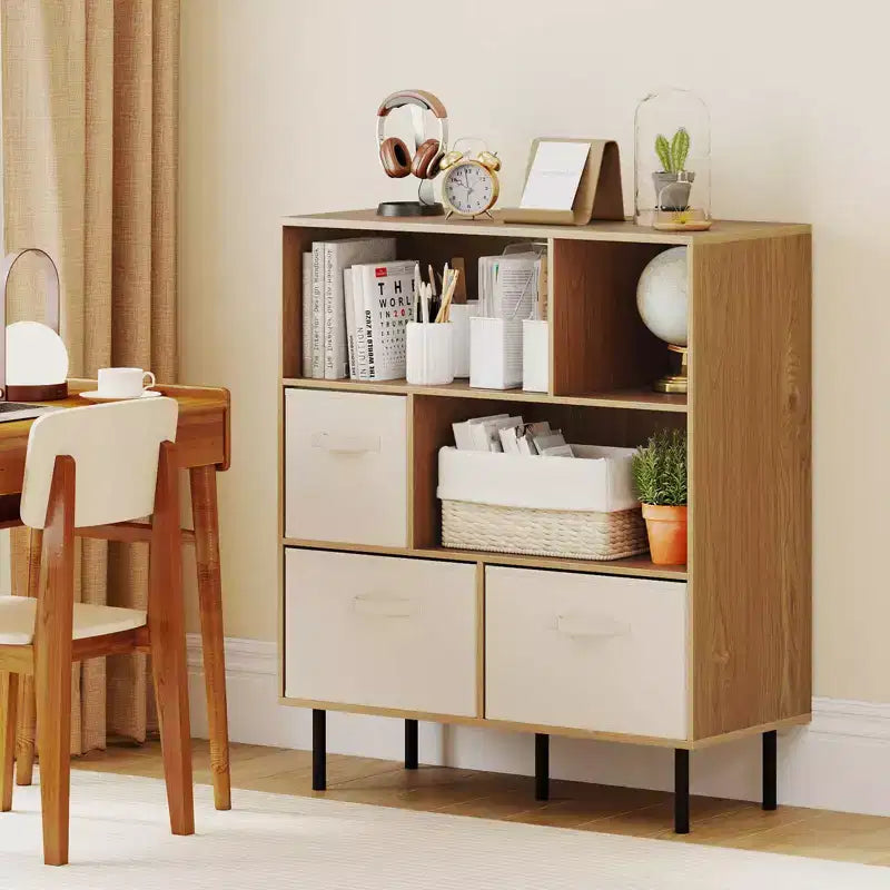 6-Cube Bookshelf with 3 Removable Folding Fabric Drawers & Metal Legs
