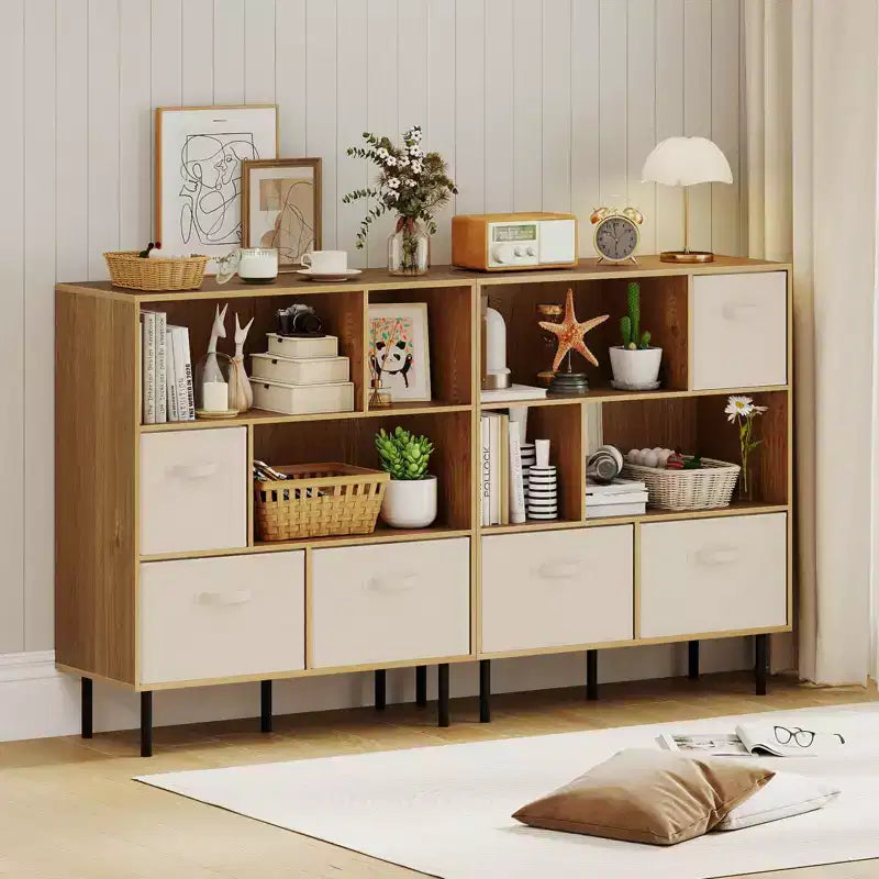 6-Cube Bookshelf with 3 Removable Folding Fabric Drawers & Metal Legs