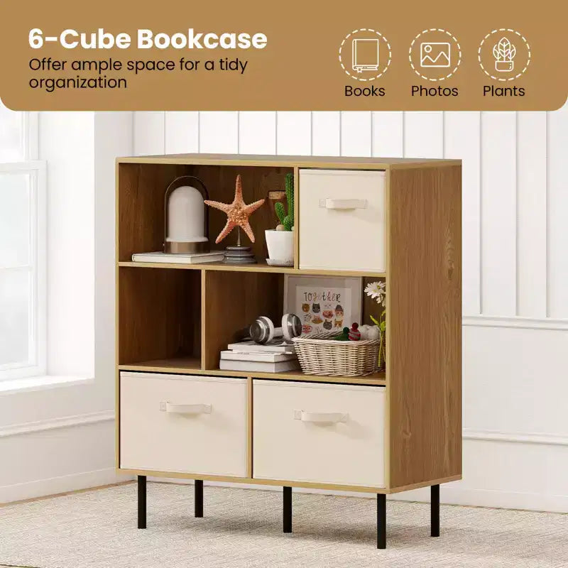 6-Cube Bookshelf with 3 Removable Folding Fabric Drawers & Metal Legs