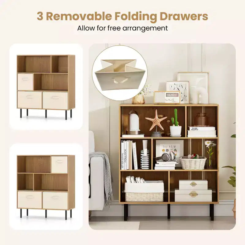 6-Cube Bookshelf with 3 Removable Folding Fabric Drawers & Metal Legs