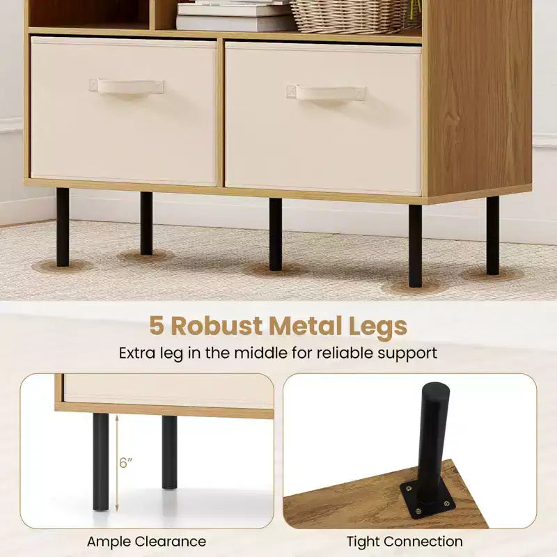 6-Cube Bookshelf with 3 Removable Folding Fabric Drawers & Metal Legs