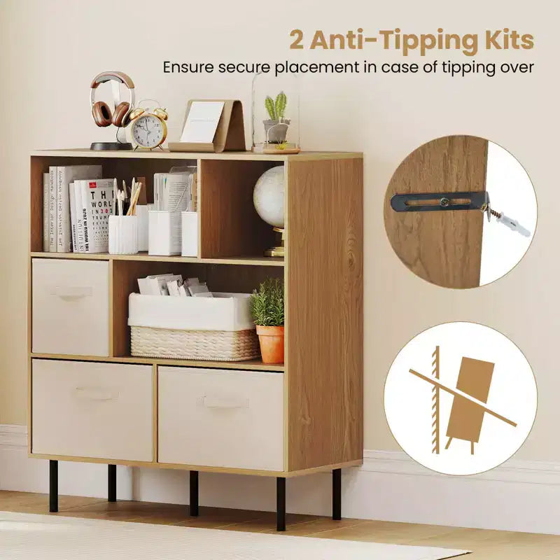 6-Cube Bookshelf with 3 Removable Folding Fabric Drawers & Metal Legs