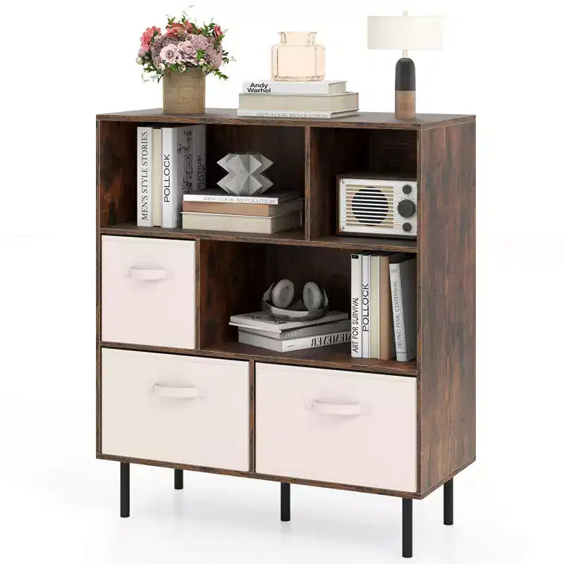 6-Cube Bookshelf with 3 Removable Folding Fabric Drawers & Metal Legs