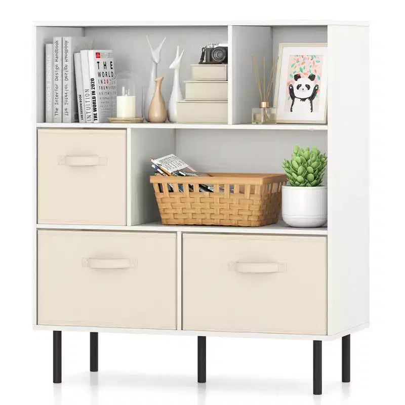 6-Cube Bookshelf with 3 Removable Folding Fabric Drawers & Metal Legs